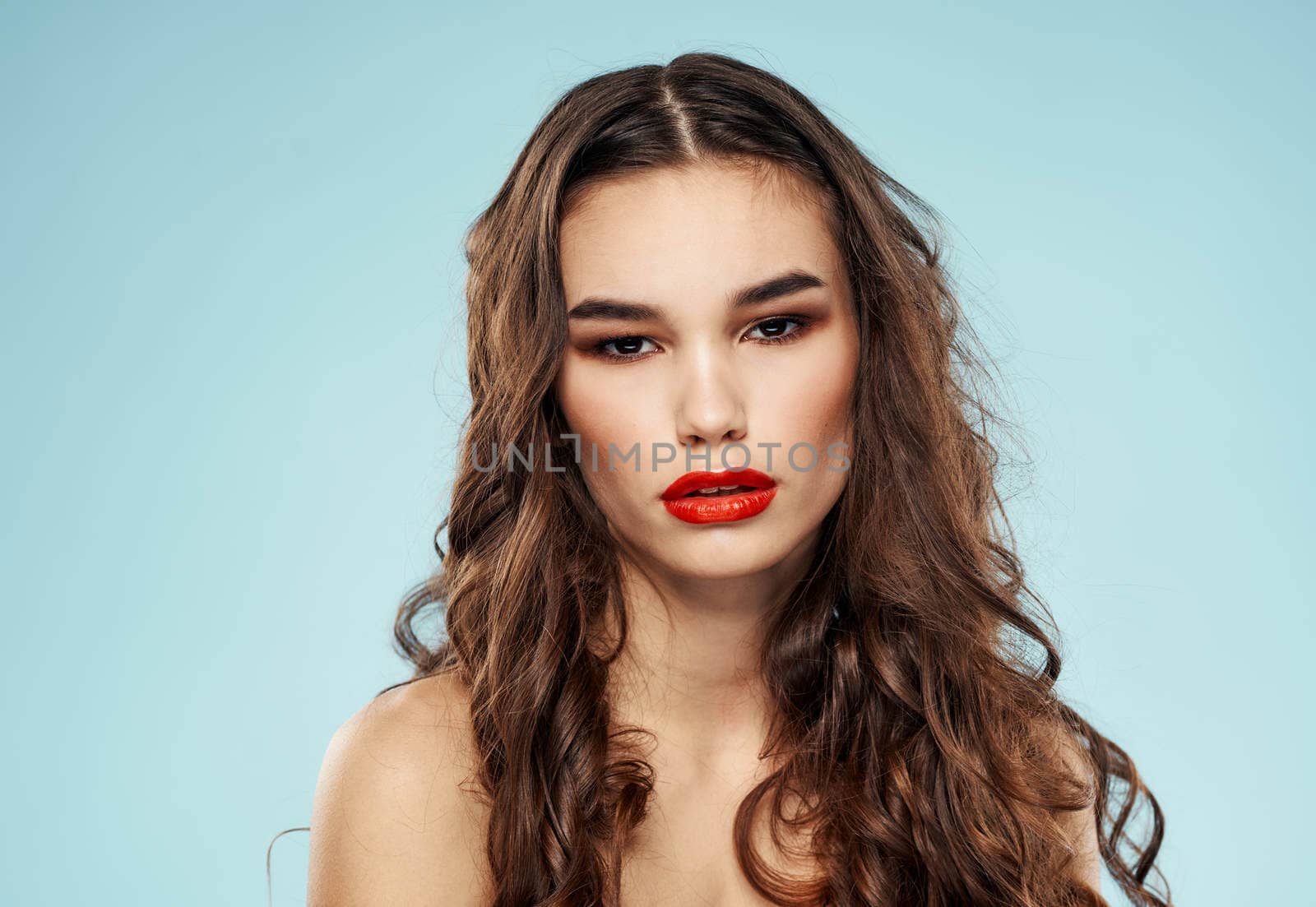 Woman Red Lips Blue Background Naked Shoulders Curly Hair Hairstyle