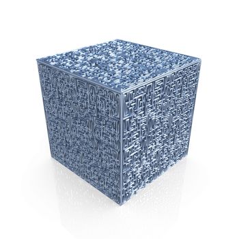 Computer generated metal maze-cube with great detail.