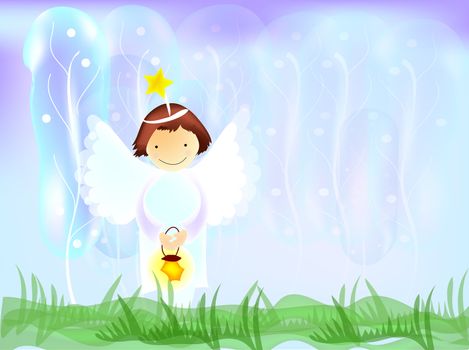 Little girl angel with a halo on her head standing on grass in front of trees