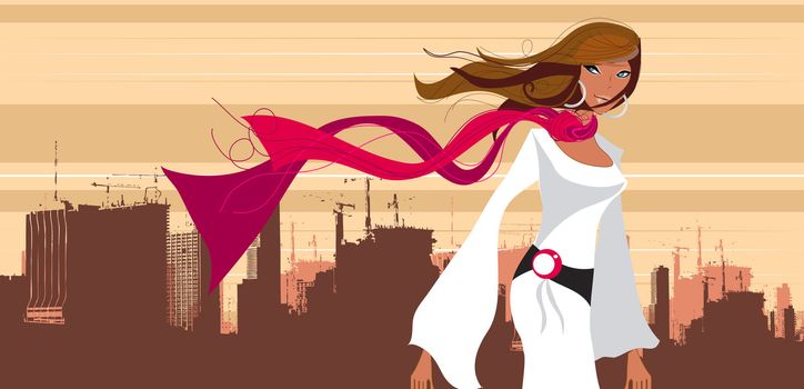 A city girl standing in front of city silhouette with hair flowing and a red scarf in her neck