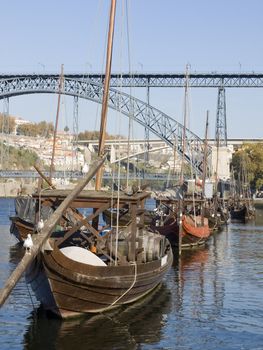 Cityscape with a typical portowine rebelo boat in the forground