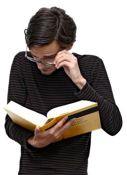 Funny student looking into a dictionary