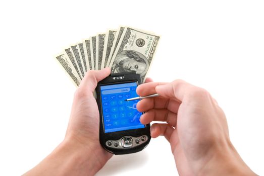 Palm computer with money in hands, isolated white