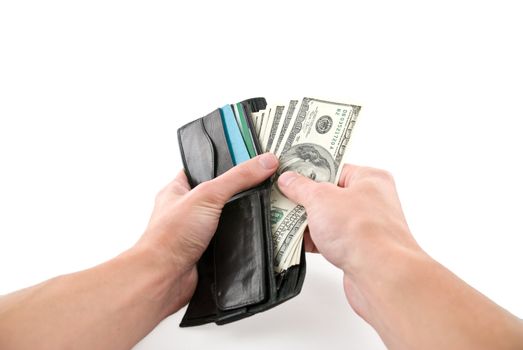 Wallet with money in hands, isolated white