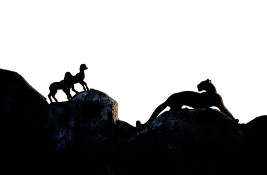 Silhouette of panther hunting lambs, isolated white