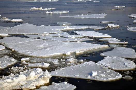 Winter scenery, ice blocks floating on river.