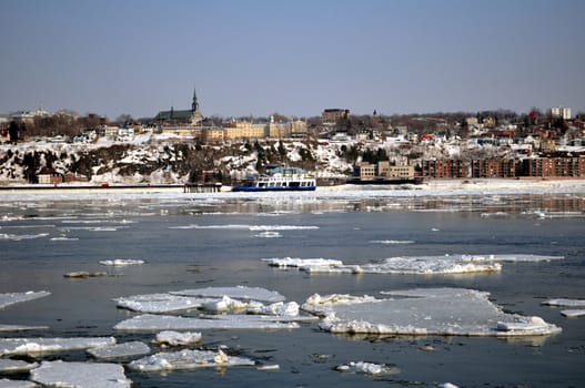 Winter scenery, ice blocks floating on river.
