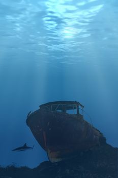 Deep wreck with shark looming