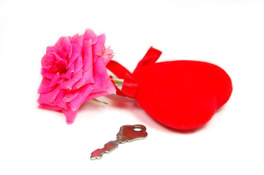 Fabric red heart with key and rose