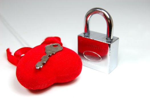 Fabric deep red heart, key and padlock