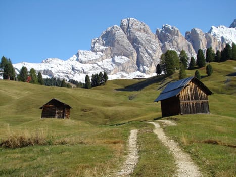 alpine scenery meadows with high peaks of Dolomites in the background Italy