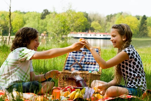 Two children enjoying a picnic in the summer