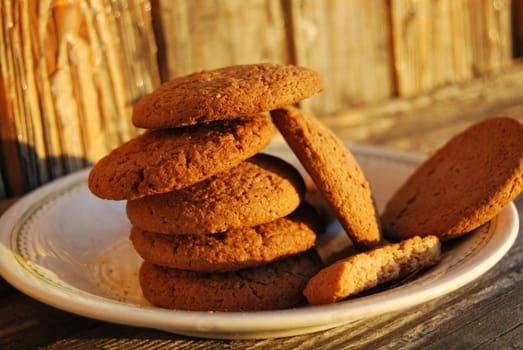 plate with oatmeal cakes in the sunset light