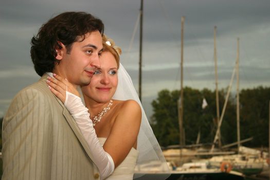 Recently married pair in yacht - club