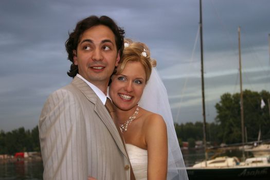 Recently married pair in yacht - club