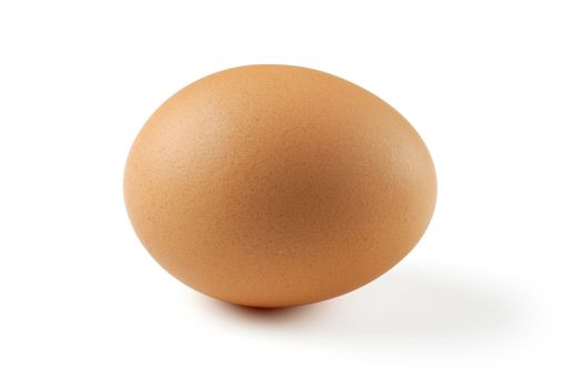 A single brown egg isolated on a white background.  Slight extended shadow to the right is visible.  Clipping path included.
