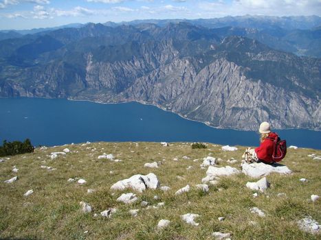 View from Monte Baldo massif on Lake Garda and panorama of italian Alps in north Italy. IX 2007 