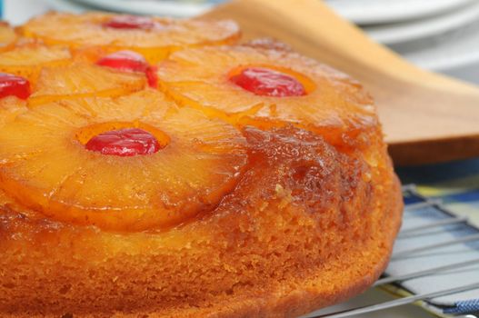 Delicious homemade pineapple upside down cake with cherries.