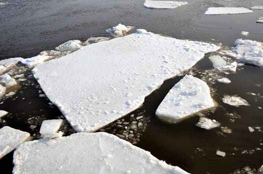 Winter scenery, ice blocks floating on river.