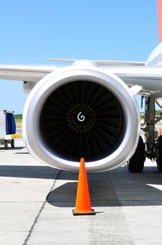 Commercial airliner: wing and engine detail.