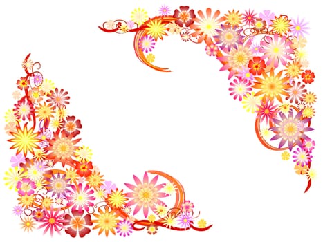 red, orange, yellow, pink and violet flowers with floral ornaments, spring motif