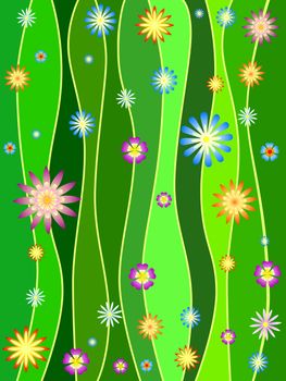 green lines with colourful flowers, spring motif