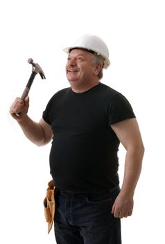 Tradesman holding the hammer portrait on white background