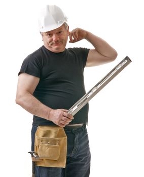 Trademan on the job solving problems contractor portrait on white background