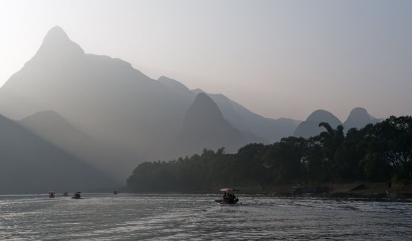 View on mountains from the river in Guilin China