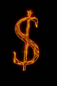 Dollar sign burning, sign on black background