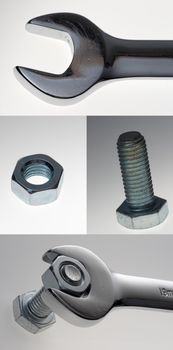 Assortment of extreme closeups of a wrench, nut and bolt