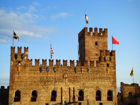 Marostica - town in the province of Vicenza Veneto northern Italy. It is mostly famous for its living chess event and for the local cherry variety. On the photo  Lower Castle decorated during chess event.