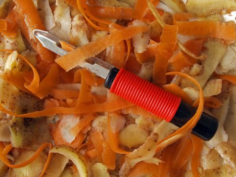 Vegetable scraper with carrot and potato peelings .