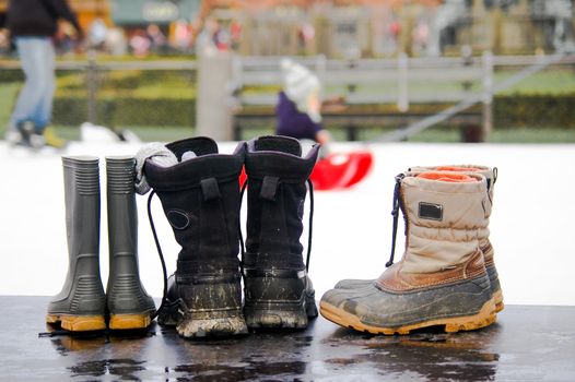 Boots in the front of skating rink in Copenhagen downtown