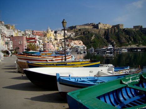 Procida- one of the Phlegrean islands off the coast of Naples in southern Italy, on photo harbour Corricella.