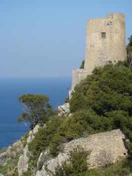 tower on cliff on Capri island, Anacapri part, region Campania, Italy,