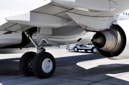 Commercial airliner: landing gear and engine detail.