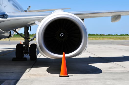 Commercial airliner: wing and engine detail.