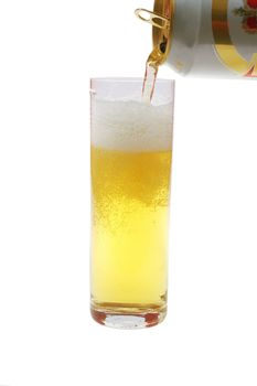 Pouring beer to glass isolated on white