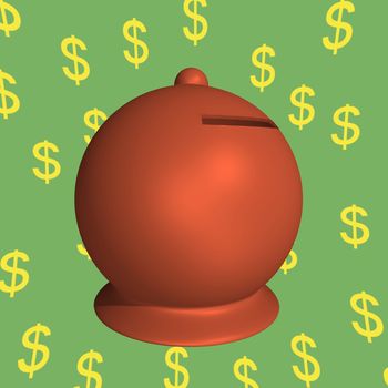Moneybox on green background with dollar symbols
