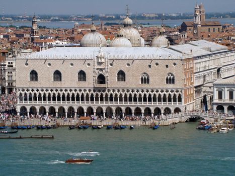 View of Doge Palace in Venice seen from campanile of San Giorgio Maggiore basilica. Venice, Italy.