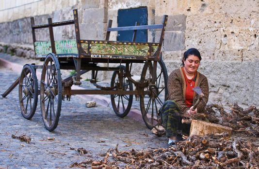 April 2008 village in Turkey - traditional Turkish woman working outside