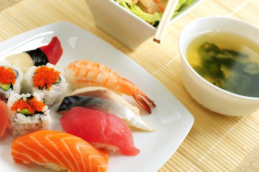 Sushi lunch with miso soup and green salad