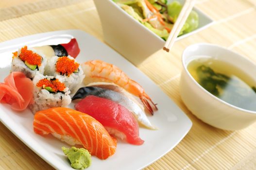 Sushi lunch with miso soup and green salad