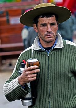 September 2008 Montevideo Uruguay - Gaucho drinking the traditional yerba tea