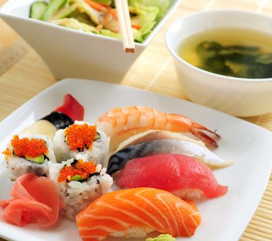 Sushi lunch with miso soup and green salad