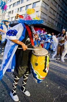 Montevideo Uruguay February 2009 - Candombe drummers  ,  Candombe is a drum-based musical style of Uruguay. Candombe originated among the African population in Montevideo and is based on Bantu African drumming with some European influence and touches of Tango.