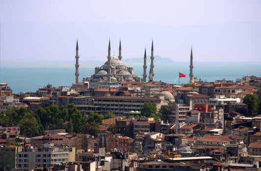 Overview of Blue Mosque in Istambul over blue sky