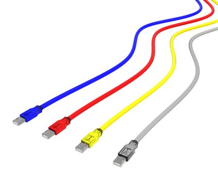 3d rendering of 4 usb cables with, cyan, magenta, yellow, and clear black (gray)