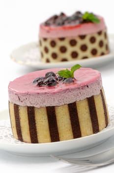 Different blueberry mousse cakes decorated with fruits and mint leaves on a white plate